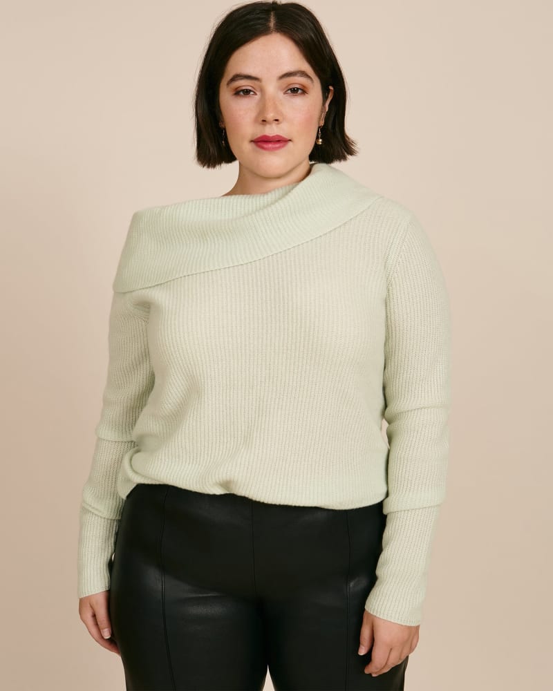 Front of a model wearing a size XL Cashmere Cowl Neck Long Sleeve Sweater in Mint by LAPOINTE. | dia_product_style_image_id:226738